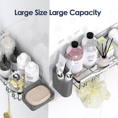 NESOMI Shower Caddy - Adhesive Bathroom Organizer with Soap Dish & 16 Hooks | Rustproof Stainless Steel, 2 Pack Silver