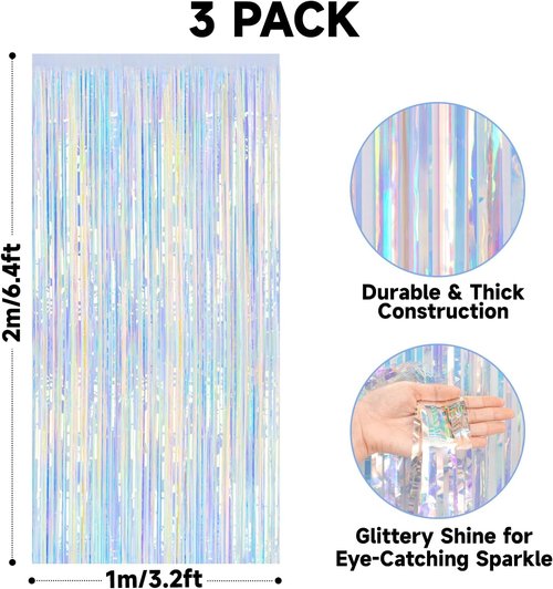 JijAcraft Iridescent Tinsel Foil Fringe Curtain - Holographic Party Backdrop for Celebrations | 3 Pack