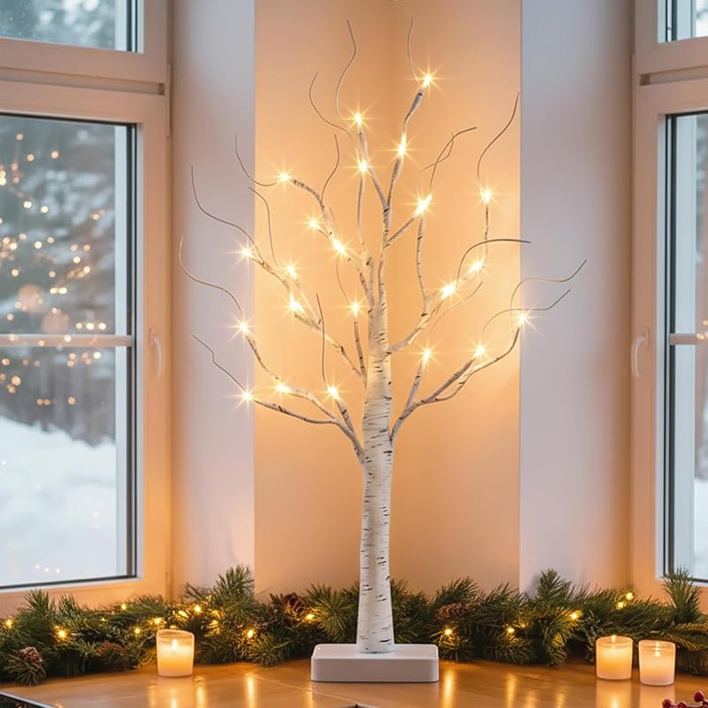 White Birch Tree Lighted Tabletop Decor 22-Inch Battery-Powered w/ Timer