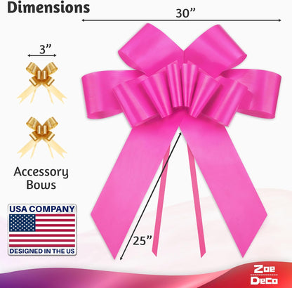 Zoe Deco - Giant Pink Car Bow - 30 Inch with 2 Gold Accessory Bows for Celebrations | Perfect for Gifts