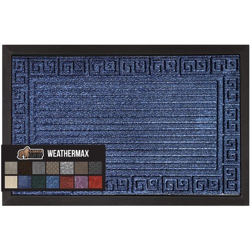 GORILLA GRIP 100% Waterproof All-Season WeatherMAX Doormat, 60x24, US Designed Natural Rubber, Stain and Fade Resistant, Low Profile Indoor Outdoor Door Mats, Easy Clean Patio Mat, Navy Greek Keys