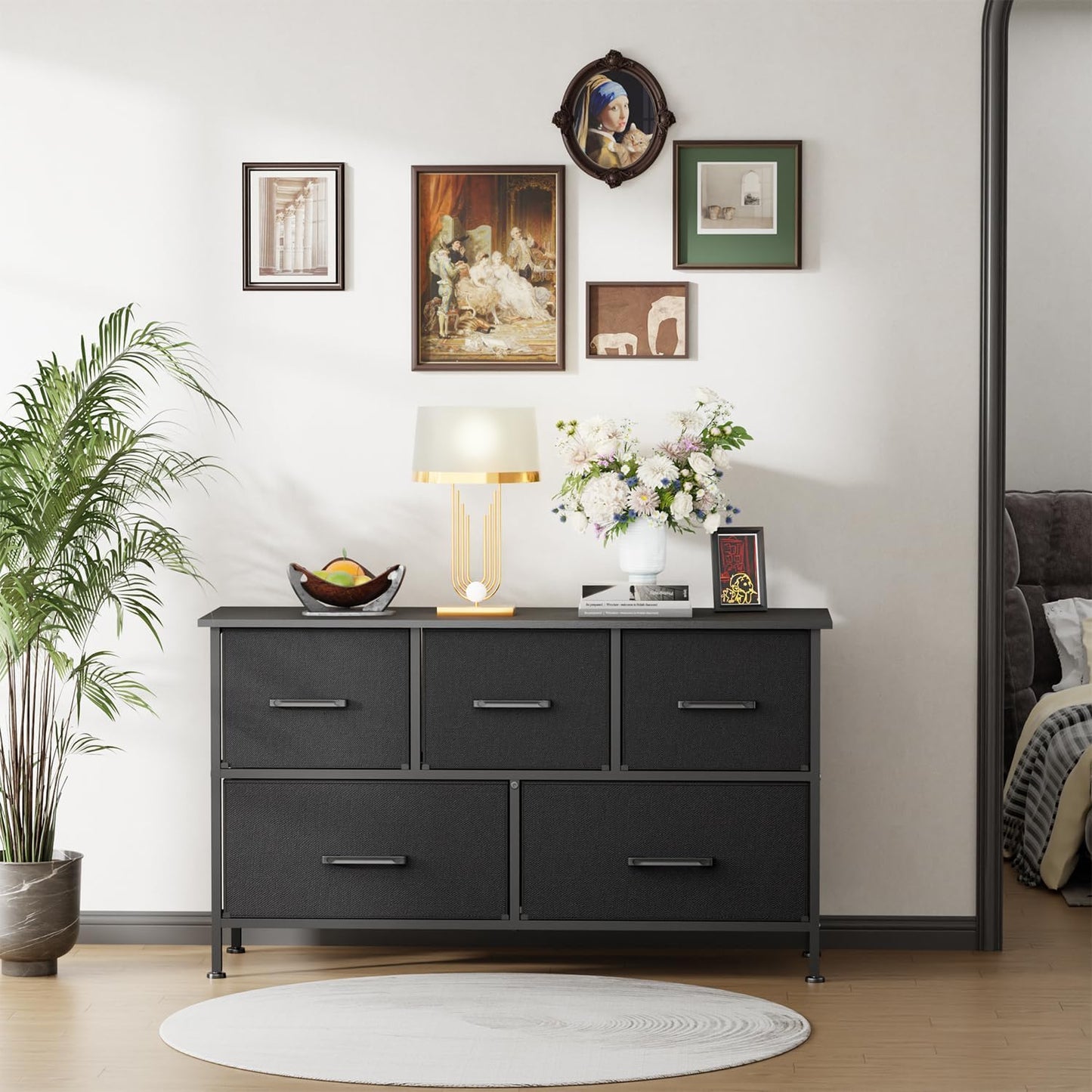 PayLessHere Fabric Dresser - 5-Drawer Wide Chest of Drawers with Metal Frame & Wood Top | Black Storage Unit for Bedroom & Living Room