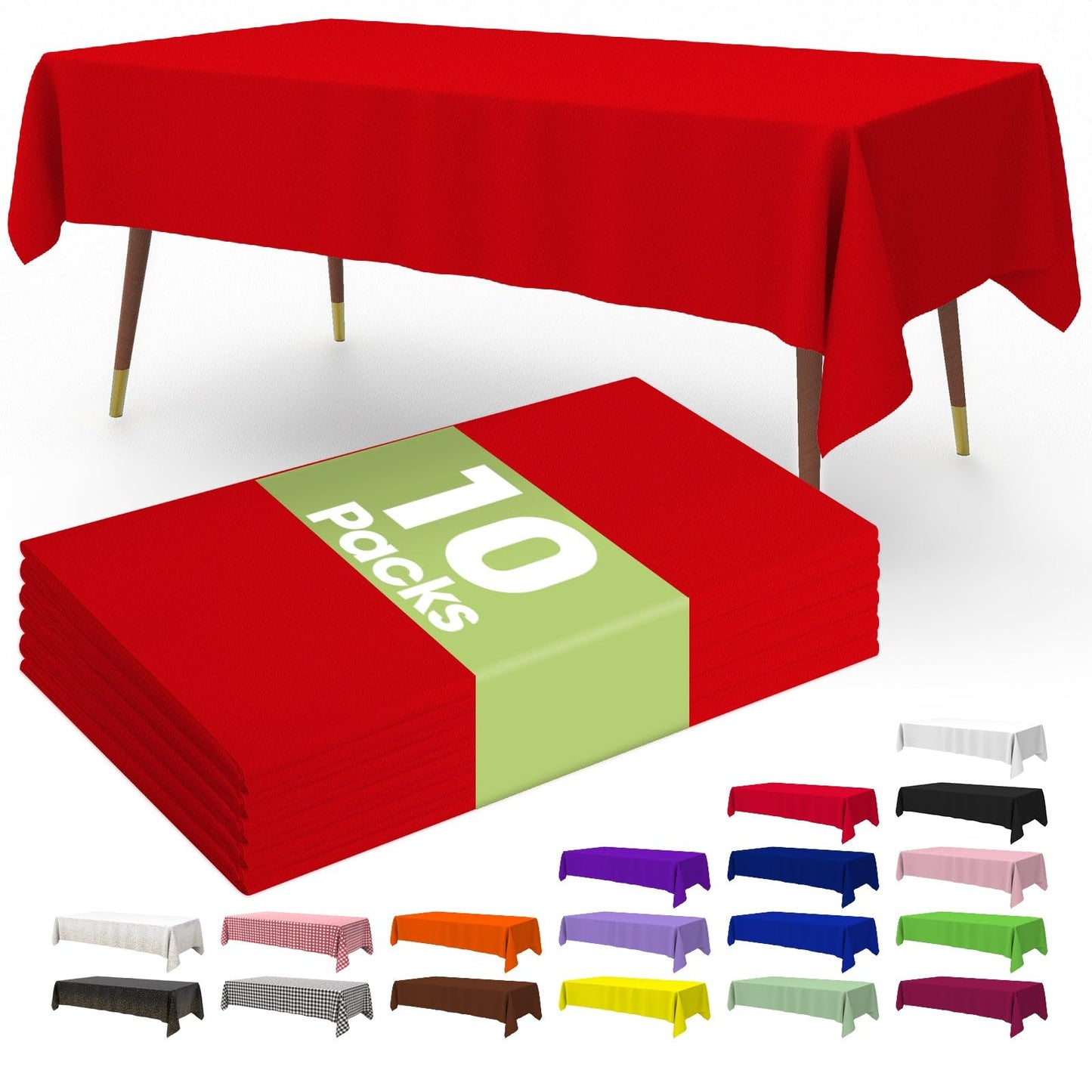 Pureegg Premium Disposable Table Cloth - 10 Pack, 54 x 108 Inch Table Cloths for Parties, Decorative Tablecloths for Rectangle Tables, Red Plastic Table Cover, Leakproof & Sturdy, Red