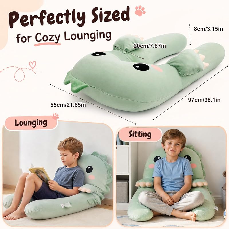 Green Dinosaur U Shaped Kids Body Pillow - Plush Toddler Comfort Pillow