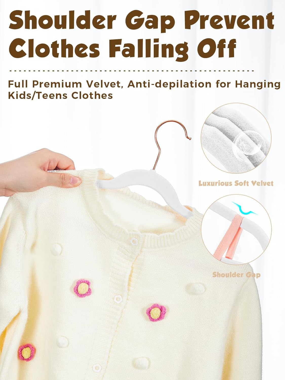 Smartor Kids Velvet Hangers - 50 Pack Non-Slip Felt Hangers for Toddler Clothes | 14 Inch, White with Rose Gold Hook