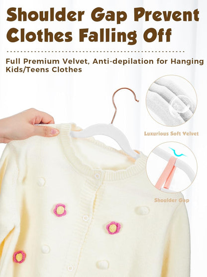 Smartor Kids Velvet Hangers - 50 Pack Non-Slip Felt Hangers for Toddler Clothes | 14 Inch, White with Rose Gold Hook