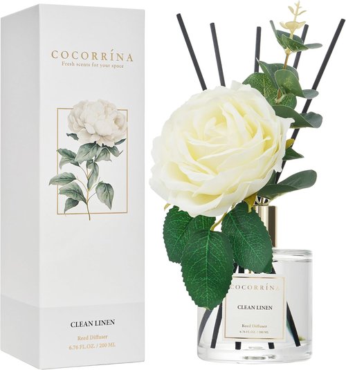 Cocorrína Flower Reed Diffuser - Clean Linen 6.7oz Scented Home Fragrance with Sticks for Bathroom Decor