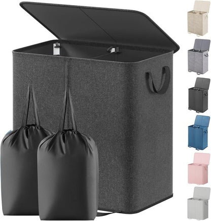 Lifewit Double Laundry Hamper - Large Collapsible Basket with Lid & Removable Bags | 136L Black