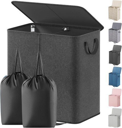 Lifewit Double Laundry Hamper - Large Collapsible Basket with Lid & Removable Bags | 136L Black