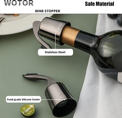 WOTOR Stainless Steel Wine Bottle Stoppers with Silicone - Reusable Wine Saver and Decorative Bottle Sealer, Leakproof, Keep Fresh, Metalblack, 2 Pack