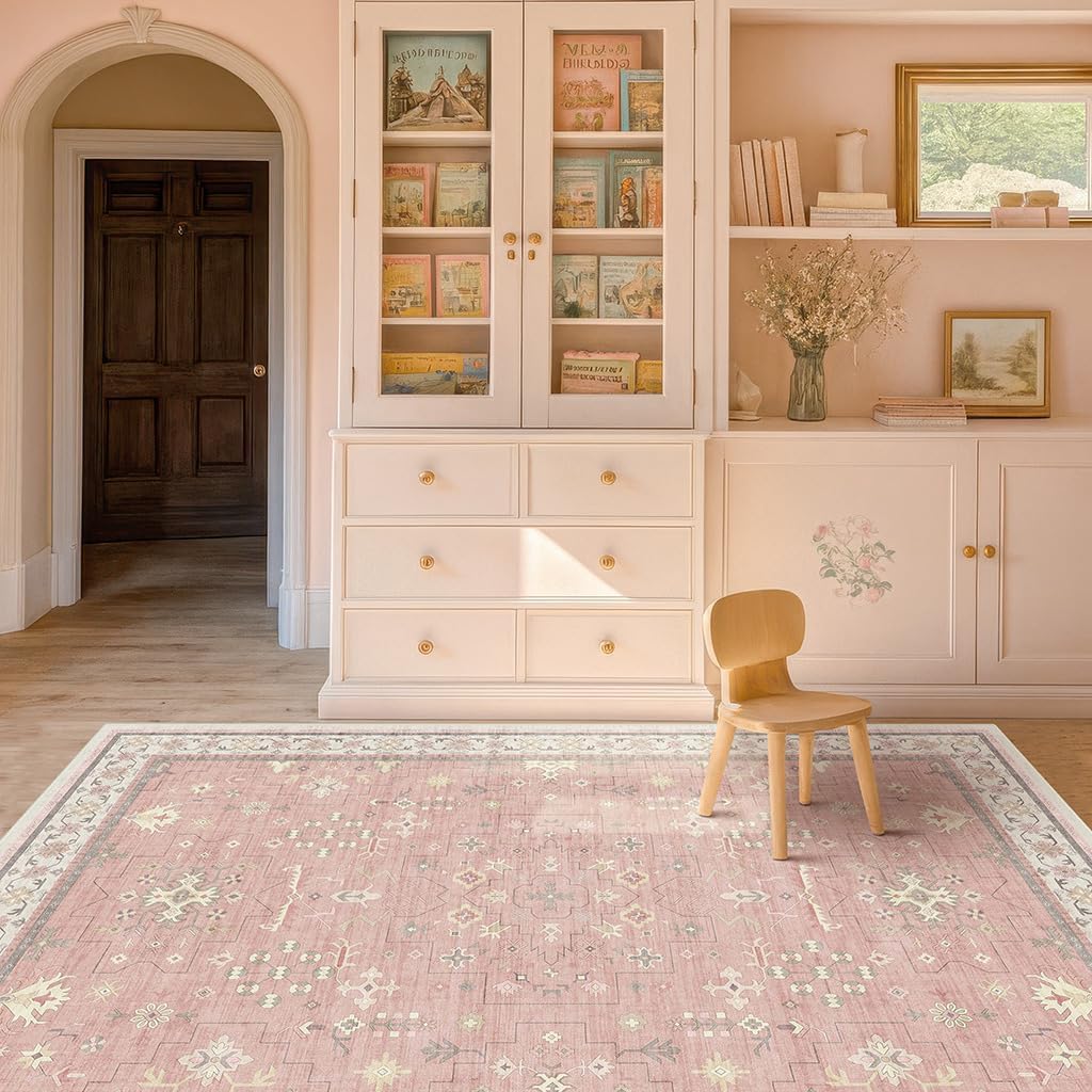 Regine Switzerland Blush Pink Girls Rug - Floral Nursery Area Rug 5x7, Machine Washable Non-Slip Play Mat