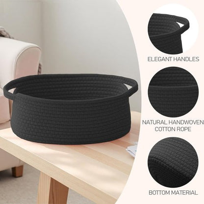 JMvicyroam Woven Basket - Small Rope Storage Bin with Handles for Organizing Shelves & Closets | Black