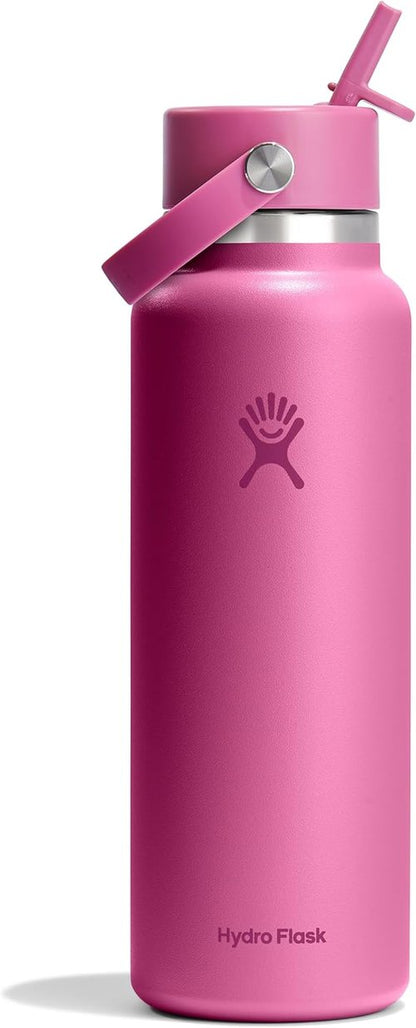 Hydro Flask Water Bottle - Insulated Stainless Steel with Wide Mouth Flex Straw Lid | 40 Oz Reef Pink, Leakproof & Refillable