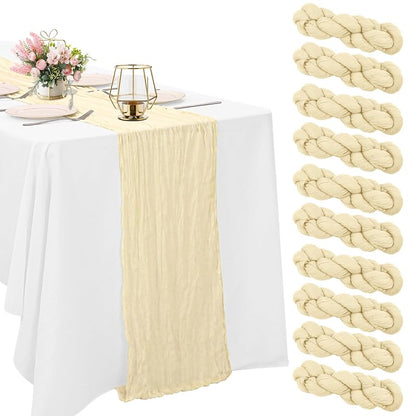 Beige Cheesecloth Table Runner 10 Pack 120x20in - Boho Gauze Linen for Wedding & Party, 10ft Long
