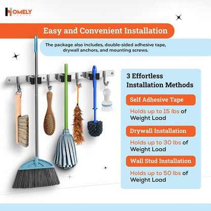Homely Center Mop and Broom Holder Wall Mount - Heavy-Duty Organizer for Garage & Kitchen | 3 Racks & 4 Hooks