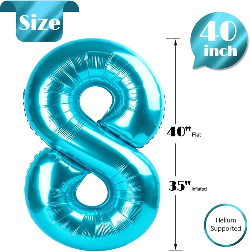 Light Blue Number 8 Balloon - 40 Inch Giant Foil Balloon for 8th Birthday Party Decorations