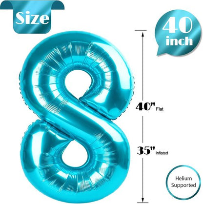 Light Blue Number 8 Balloon - 40 Inch Giant Foil Balloon for 8th Birthday Party Decorations