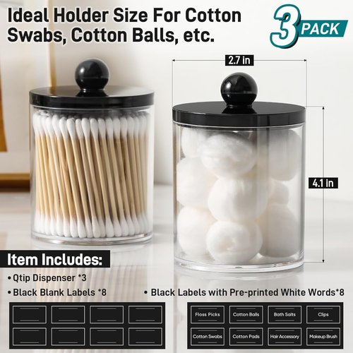 Clear & Black Acrylic Qtip Holder Dispenser Set | 3 Pack Cotton Swab Canisters for Bathroom Storage - Vanity Organizer