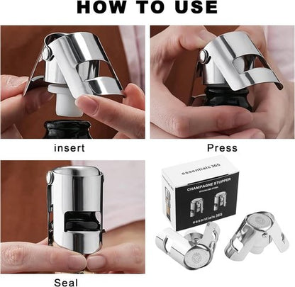 Champagne Stoppers -Stainless steel Wine Bottle stopper-Durable with Leak-Proof Seal for Sparkling Wine Bottles - Perfect for Celebrations and Special Occasions (Silver, 2 pack).