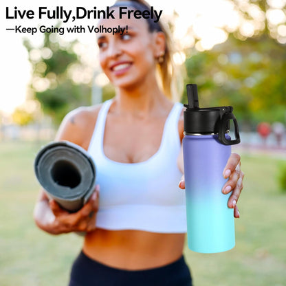 Volhoply 18oz Insulated Kids Water Bottle - Stainless Steel with Straw Lid | Double Wall Vacuum, Purple Blue