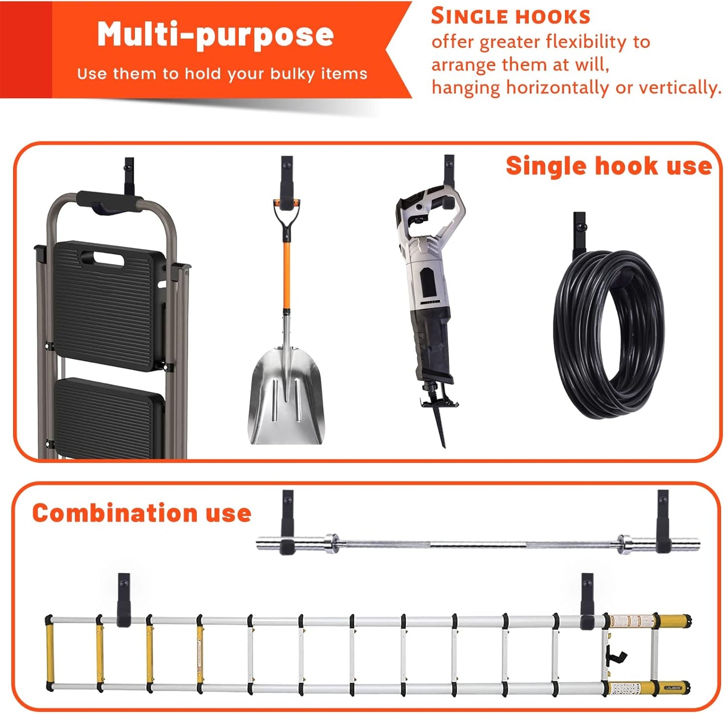 Skiennix Garage Storage Hooks - Heavy Duty Steel Wall Mount Ladder Hangers | 4 Pack, 88 lbs Capacity