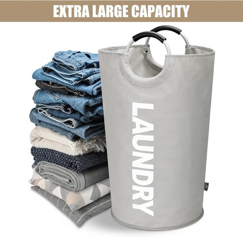 DOKEHOM Large 90L Laundry Basket - Collapsible Freestanding Hamper in Grey for Easy Storage