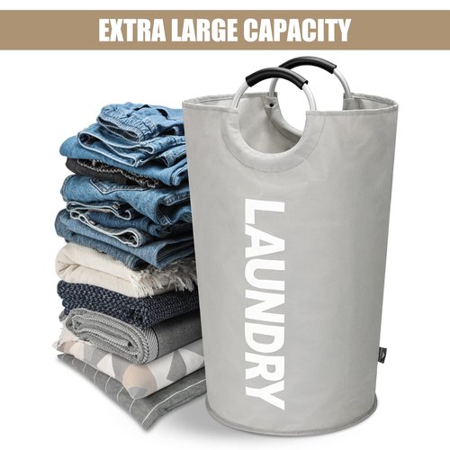 DOKEHOM 95L Large Laundry Basket, Collapsible Laundry Bag, Freestanding Tall Clothes Hamper, Foldable Washing Bin (Grey)