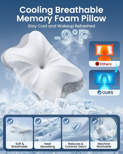 Skiennix Cervical Pillow - Ergonomic Memory Foam Contour Design for Neck Pain Relief | 4-Height Adjustable
