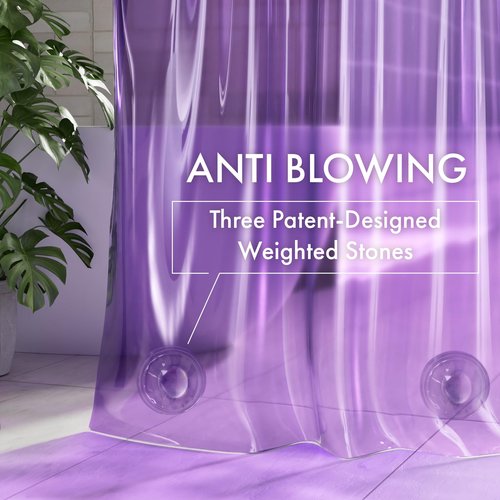 AmazerBath No Hook Shower Curtain and Liner 3-in-1, 8G Luxury Heavy Duty Clear Purple No Hook Shower Curtain Liner, 72x75 Cute EVA Bathroom Weighted Plastic Shower Curtain with 3 Heavyweight Stones