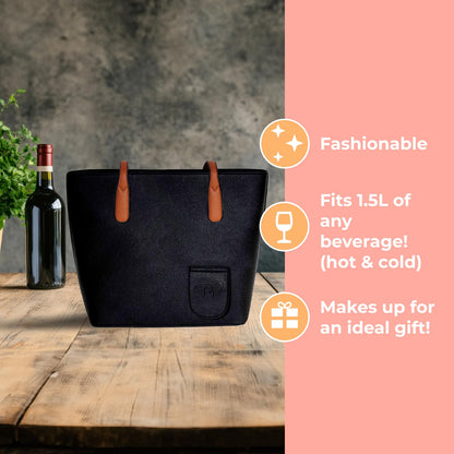 PortoVino Classic Tote Bag - Vegan Leather Wine Purse with Hidden Spout and Dispenser Flask for Wine Lovers that Holds and Pours 2 bottles of Wine! For Traveling, Concerts, Bachelorette Party - Black