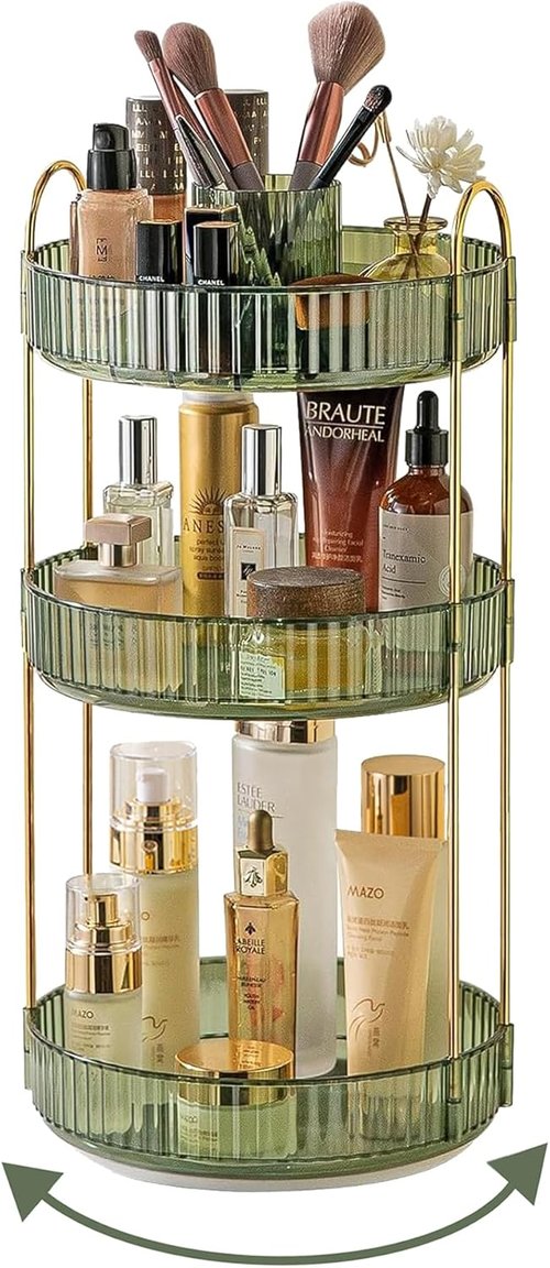 Asayuee 360 Rotating Makeup Organizer - Large 3-Tier Storage for Skincare & Cosmetics | Green