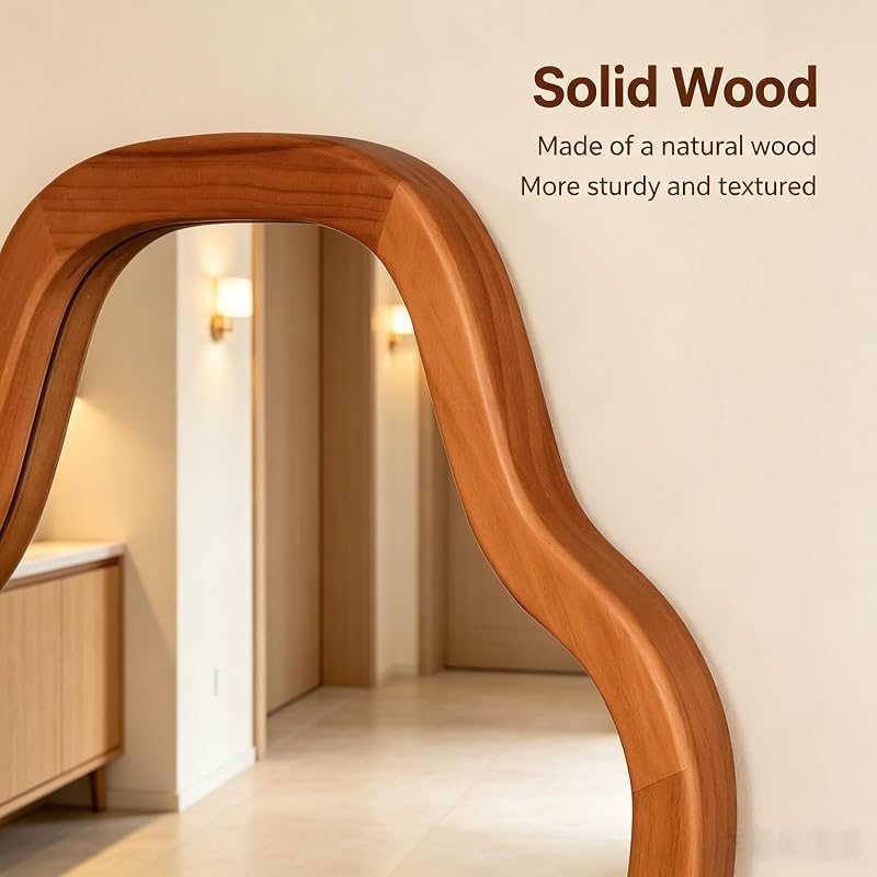 Cloud-Shaped Wall Mirror 20x30 in with Solid Wood Frame, Tempered Glass, Irregular Silhouette - Yellowish-Brown