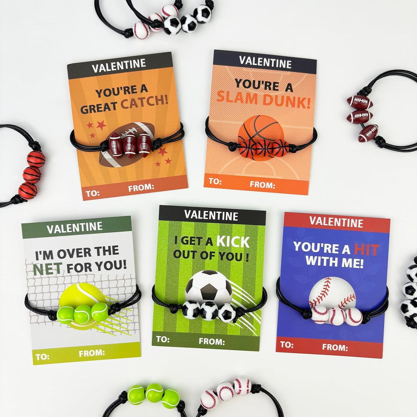 Sports Valentine's Day Gift Cards - 30 Pack Adjustable Bracelets for Kids | Non-Candy Treats & Party Favors