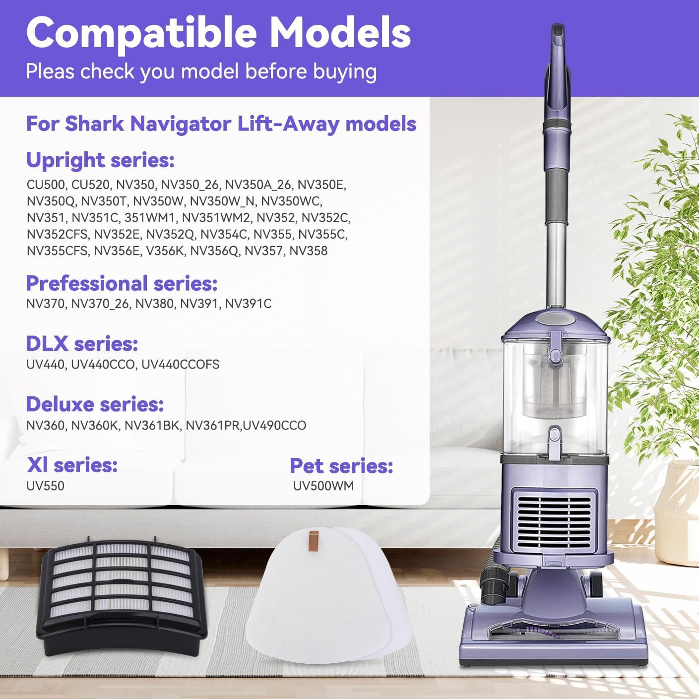 Shark Vacuum Filters - HEPA & Foam Replacement Set for Navigator Lift-Away NV350 Series | 2 HEPA, 4 Foam, 4 Felt