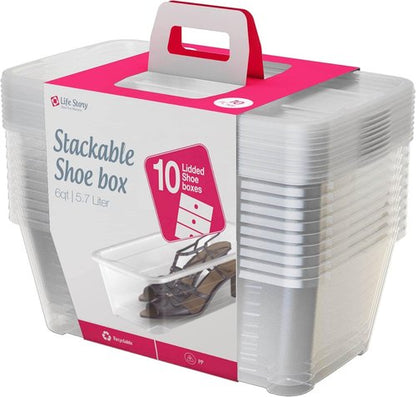 Life Story 10-Pack Plastic Storage Boxes - Stackable Shoe Organizers | 6 Liter Clear Bins with Lids for Home Organization