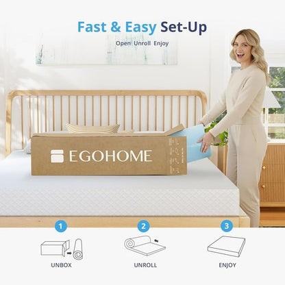 EGOHOME Twin Memory Foam Mattress Topper - Cooling Gel Infused & Pressure Relieving Pad | CertiPUR Certified, Blue