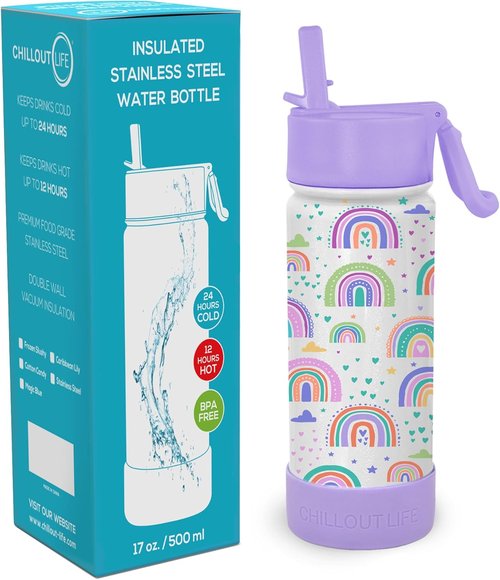 Chillout Life 17 oz Kids Insulated Water Bottle - Leakproof Straw Lid & Cute Stickers