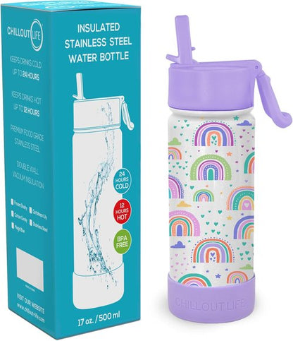 Chillout Life 17 oz Kids Insulated Water Bottle - Leakproof Straw Lid & Cute Stickers