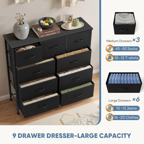 DUMOS 9-Drawer Dresser - Sturdy Fabric Storage Organizer with Metal Frame | Matte Black Finish