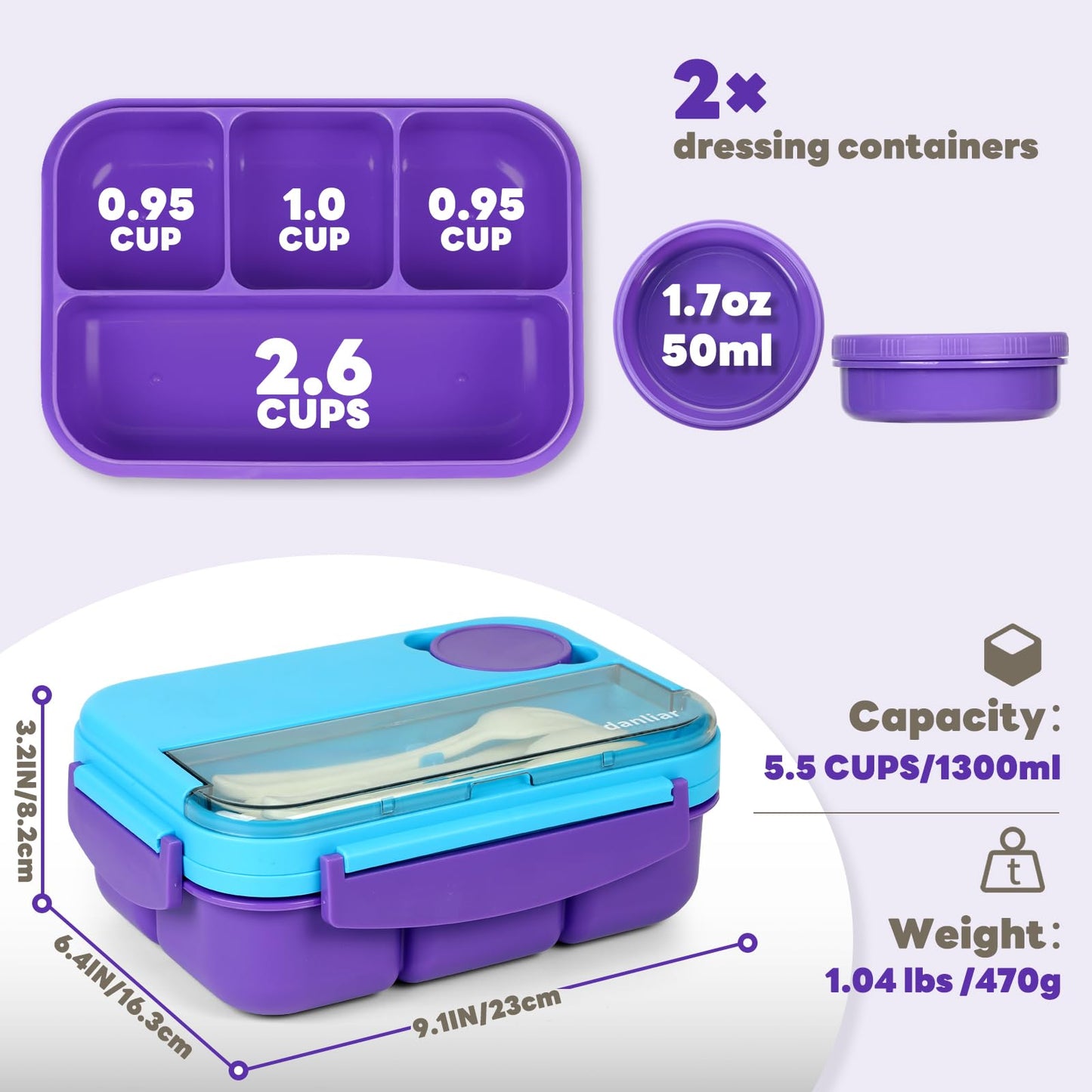 danliar Bento Lunch Box for Kids, 5.5 Cups Bento Box Adult with 2 Sauce Jars, Leakproof 4-Compartment Lunch Containers, Utensil Set, Ideal for School & On-the-Go, BPA-Free (Purple)