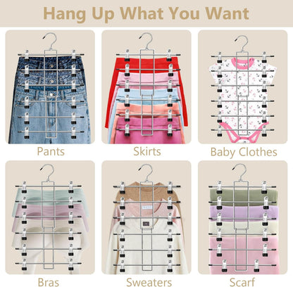 Skiennix Pants Hangers with Clips - Space-Saving 6-Tier Closet Organizer | 360° Swivel Hook - 4 Pack