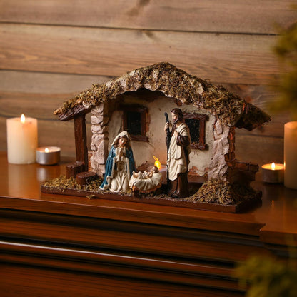Barydat Christmas Nativity Stable - 10 x 7.87 x 5 Inch Resin Creche with Realistic Moss Roof | Beautiful Holiday Decor