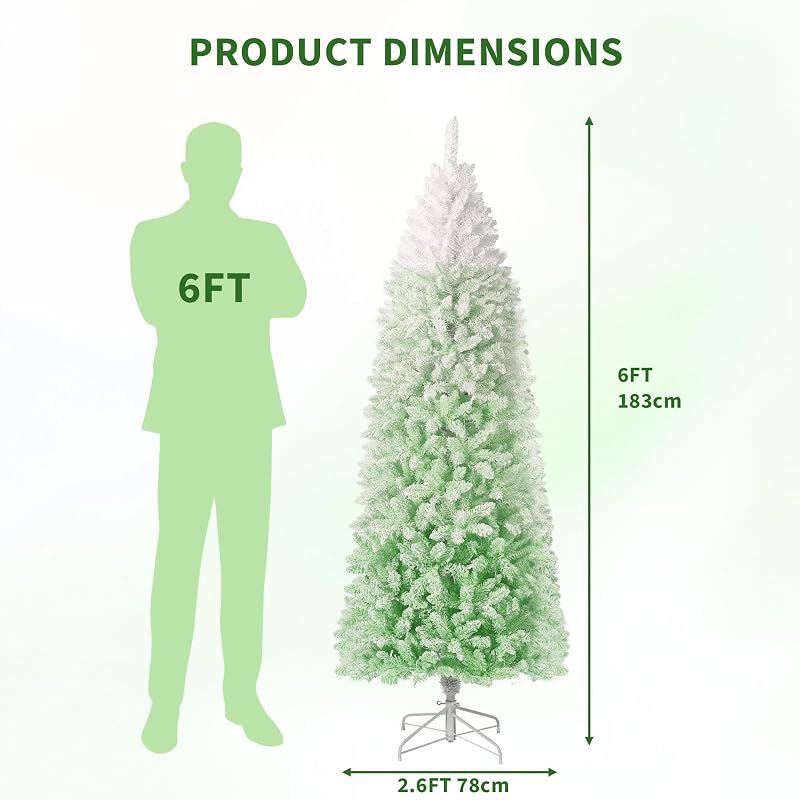6ft Green Gradient Snow Flocked Prelit Pencil Christmas Tree - 100 Dual Color LED Lights, 320 Tips, Metal Stand (Variation: White & Green Gradient+6ft)