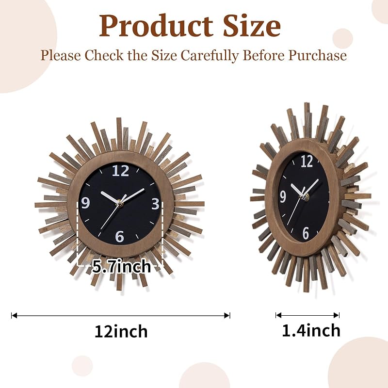 Tricolor 12 Inch Silent Sunburst Rustic Wood Wall Clock - Battery Operated