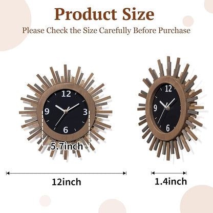 Tricolor 12 Inch Silent Sunburst Rustic Wood Wall Clock - Battery Operated