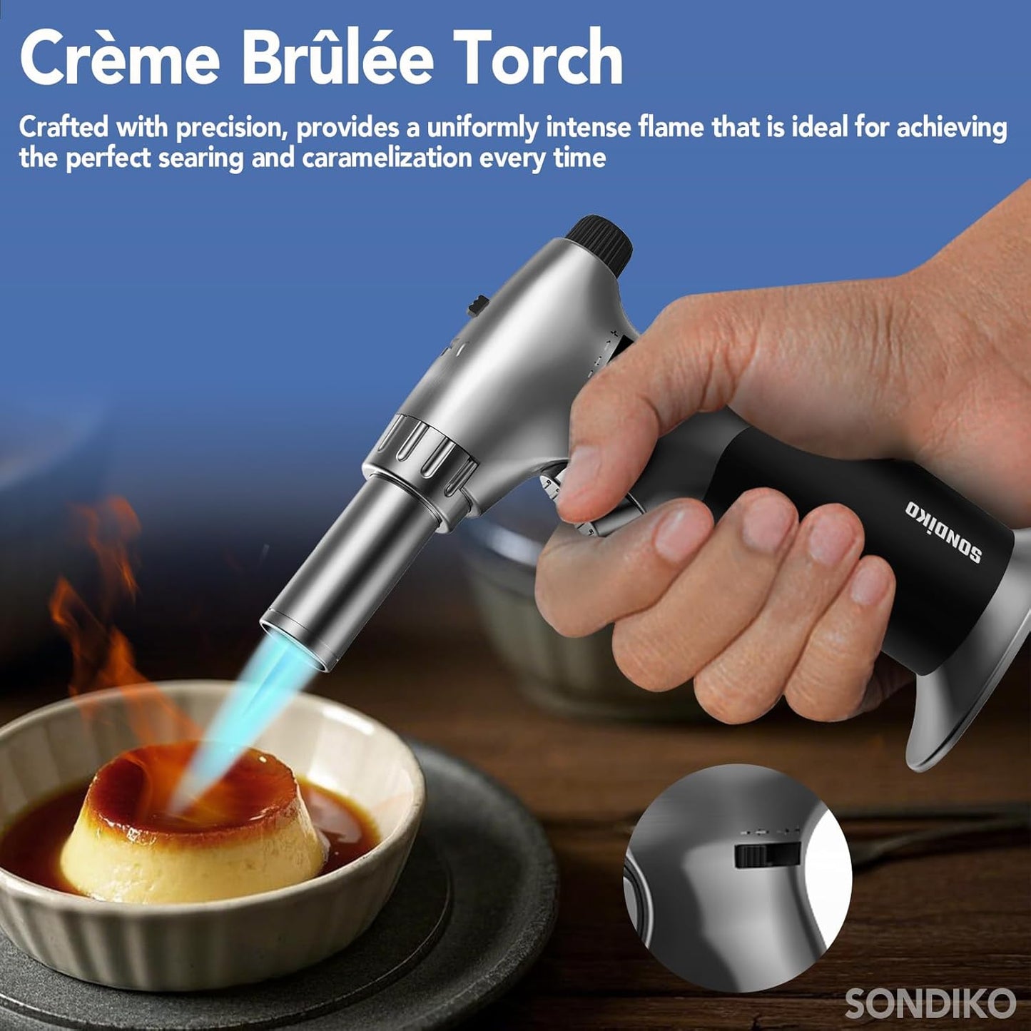 Sondiko Dual Style Butane Torch Lighter - Adjustable Flame Size & Continuous Lock for Cooking | Refillable