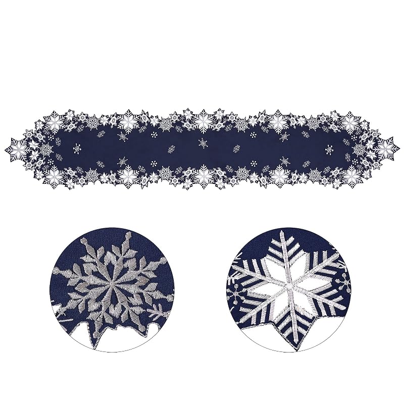Simhomsen Navy Embroidered Snowflakes Table Runner 14×90 inches – Winter Holiday