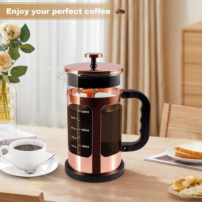 Skiennix French Press Coffee & Tea Maker - 1000ml Heat-Resistant Glass with 4-Level Filtration, Rose Gold