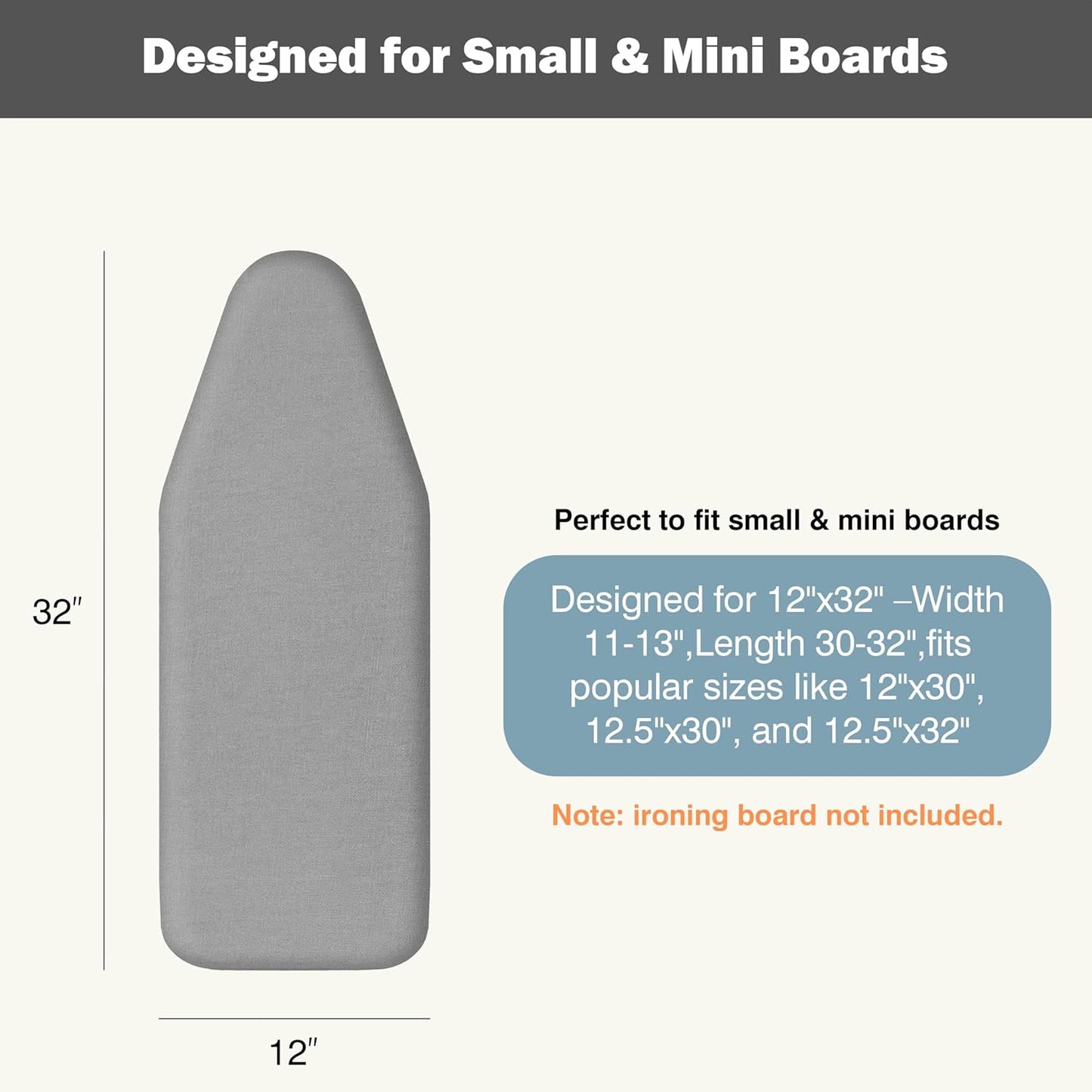 UniSimp Small Ironing Board Cover - Heat Resistant Cotton Canvas Pad | 12"x32" Gray Drawstring Design