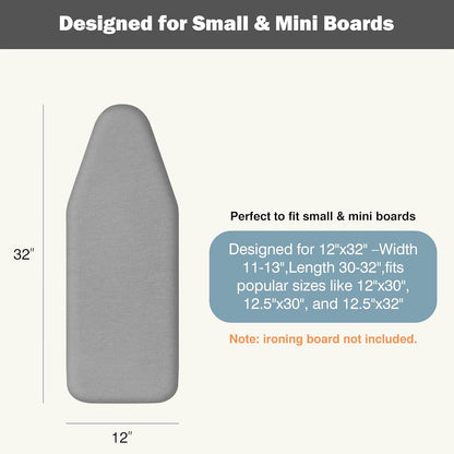 UniSimp Small Ironing Board Cover - Heat Resistant Cotton Canvas Pad | 12"x32" Gray Drawstring Design